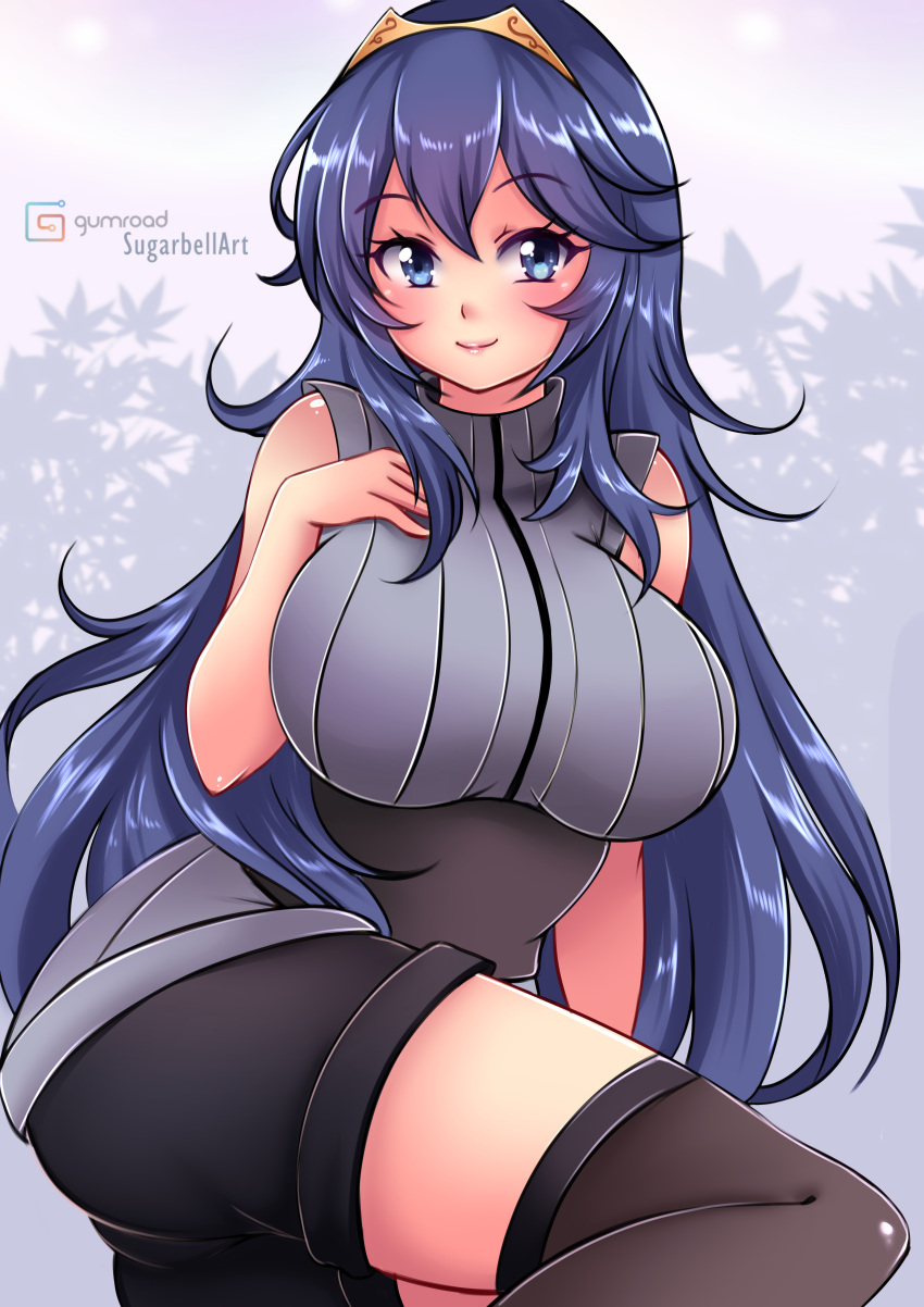 1girls alternate_costume ass bare_arms bare_thighs big_ass blue_eyes blue_hair breasts female female_only fire_emblem fire_emblem_awakening hand_on_own_chest large_breasts long_hair looking_at_viewer lucina_(fire_emblem) nintendo shorts sleeveless smile solo sugarbell thighhighs thighs tiara very_long_hair