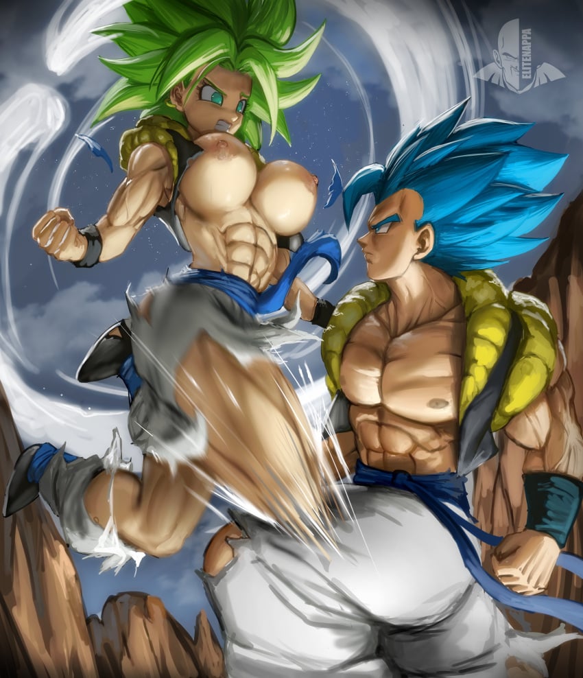 1boy 1girls abs battle biceps big_breasts blue_hair breasts breasts_out caule clothing dragon_ball dragon_ball_super ear_piercing earrings elitenappa female female_saiyan fusion gogeta green_hair kefla legendary_super_saiyan looking_at_each_other male motion_blur motion_lines muscular muscular_female muscular_male nipples potara_earrings saiyan super_saiyan super_saiyan_2 super_saiyan_blue thick_thighs thunder_thighs torn_clothes wide_hips