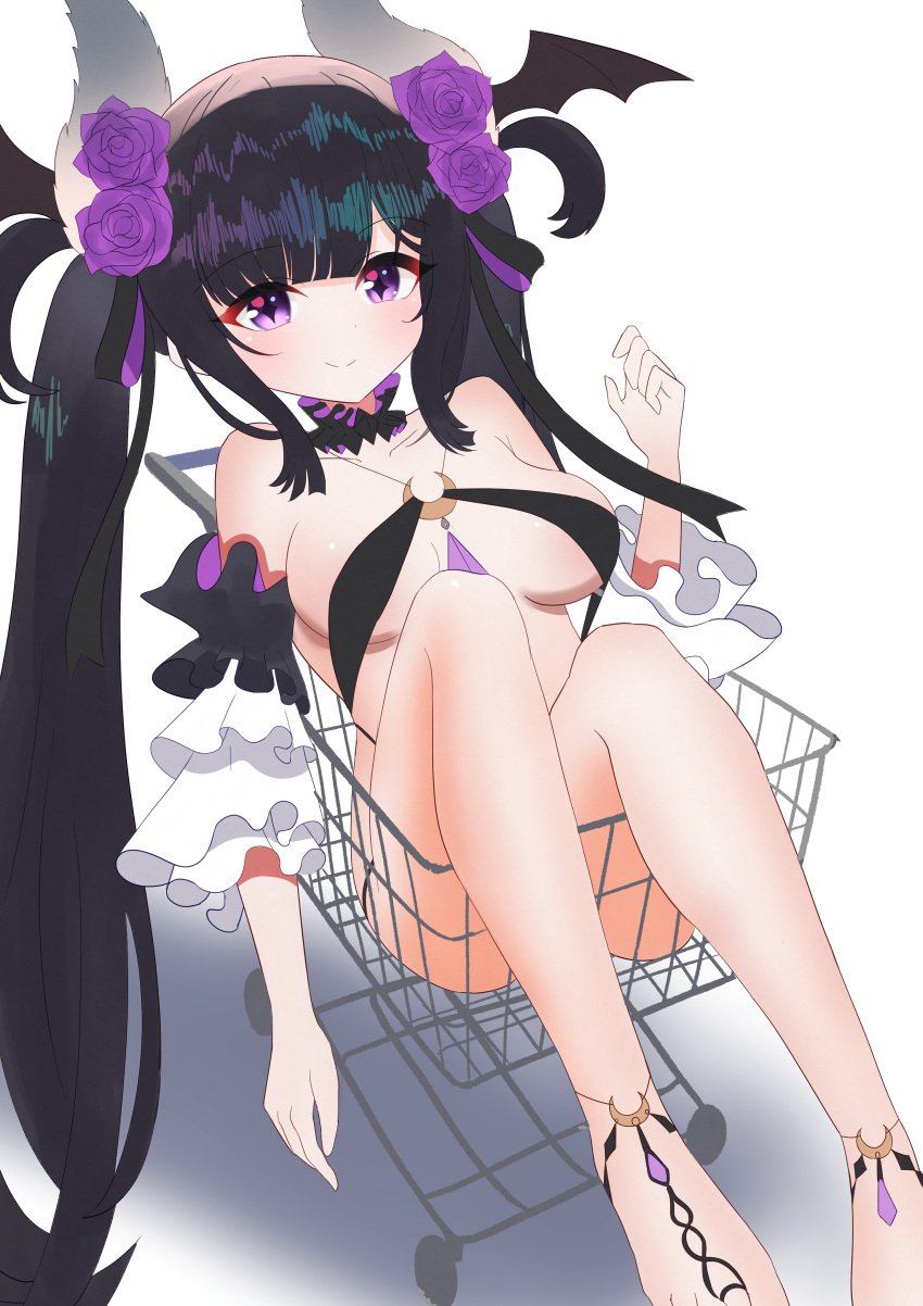 1girls barefoot black_hair blush breasts clothed clothing detached_sleeves feet female female_only flowers_in_hair goddess_gardens_paradise happy head_wings horns in_shopping_cart jewelry light-skinned_female light_skin looking_at_viewer m3rcy medium_breasts megami_rakuen:gadesu_paradaisu persephone_(gadepara) purple_eyes shopping_cart smile sole_female soles solo symbol-shaped_pupils twintails