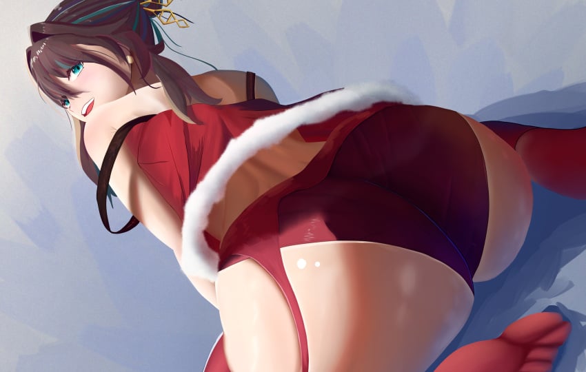 1girls ass ass_focus back_view big_ass christmas christmas_outfit fat_ass from_behind from_below green_eyes hanging_clothes honkai:_star_rail huge_ass kneeling looking_down low-angle_view lunar_avenger massive_ass multicolored_hair no_bra panties red_stockings red_underwear ruan_mei_(honkai:_star_rail) simple_background skindentation solo solo_female solo_focus stockings thick_thighs underwear wide_hips