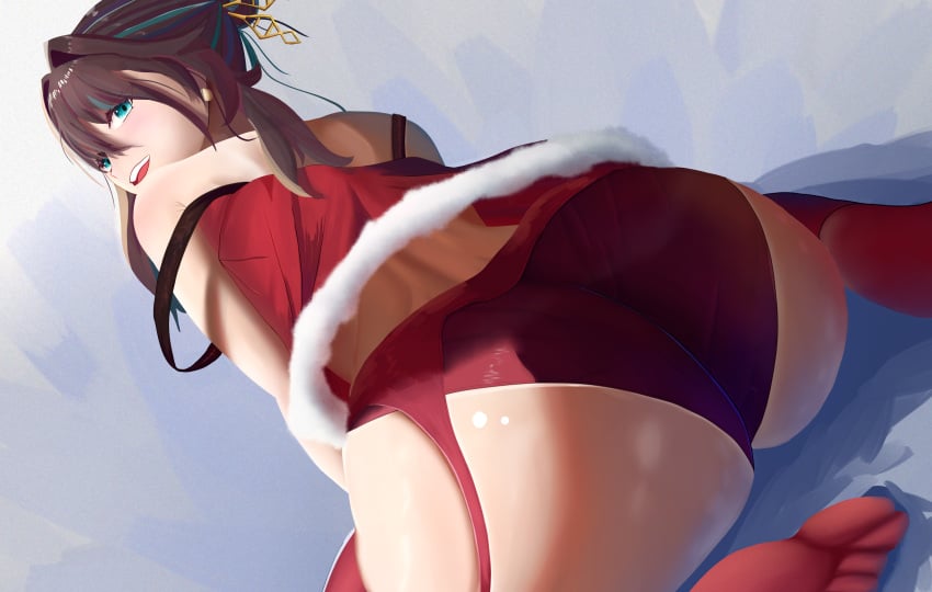 1girls ass ass_focus big_ass big_butt brown_hair christmas christmas_clothing christmas_outfit fat_ass from_behind from_below garter_belt hanging_clothes honkai:_star_rail huge_ass huge_butt kneeling looking_at_viewer looking_down low-angle_view lunar_avenger multicolored_hair red_underwear ruan_mei_(honkai:_star_rail) simple_background skindentation smile solo solo_female stockings underwear wide_ass wide_hips