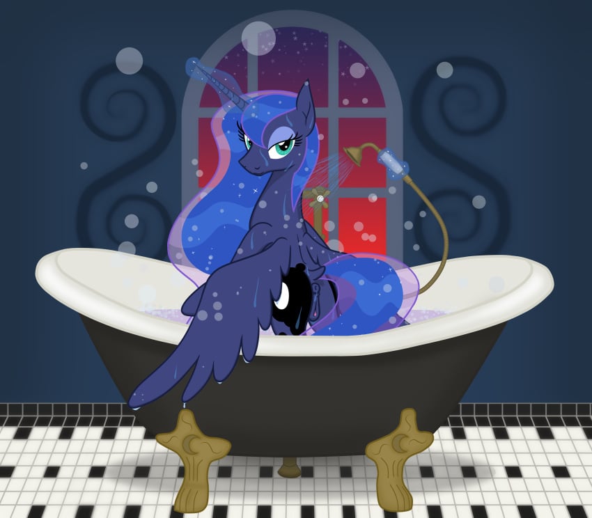 absurd_res alicorn animal_genitalia animal_pussy ass bath bathing bathroom bathtub bedroom_eyes bubble camo-pony equid equine equine_pussy female feral friendship_is_magic genitals hasbro hi_res horn horse levitation looking_at_viewer magic mammal mega_spark my_little_pony narrowed_eyes night pony princess_luna_(mlp) pussy seductive shower shower_head solo spread_wings standing sunset tile_floor water wet_mane window wings