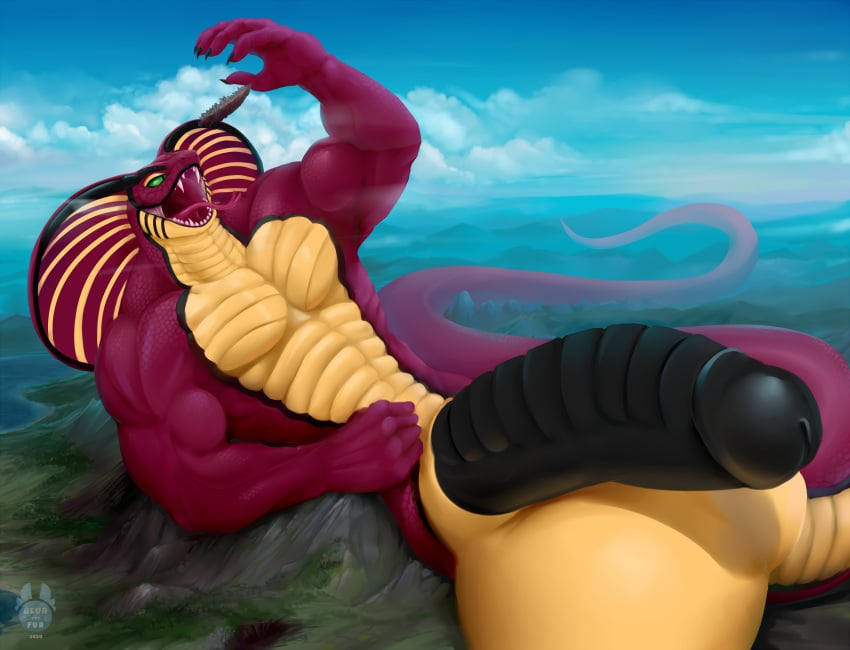 apode balls big_balls big_penis blurthefur cobra draconcopode forked_tongue genitals hi_res landscape long_tail macro male mega_macro muscular muscular_arms muscular_male naga penis raised_arm reptile ridged_penis scalie serpentine snake solo tongue tongue_out vore voredom