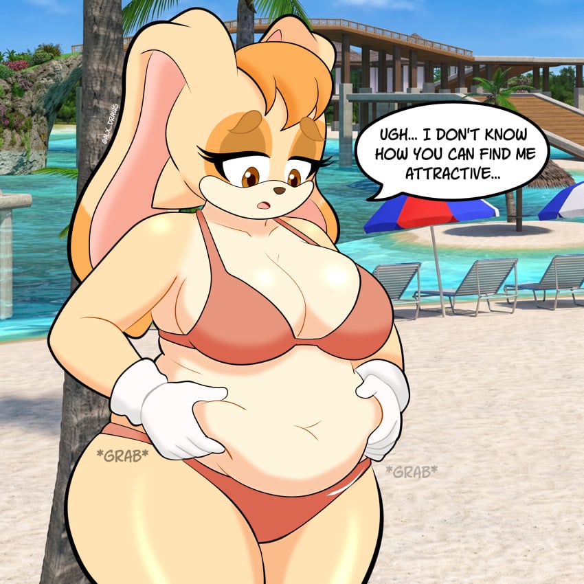1girls alxdraws animal_ears anthro beach big_breasts bikini bikini_bottom bikini_top bottomwear breasts brown_eyes bunny_ears bunny_girl cleavage english english_text female female_only gloves half-closed_eyes hands_on_stomach handwear hips huge_breasts lagomorph lips mature mature_female mature_woman milf mother onomatopoeia plump sega solo solo_female sonic_(series) sonic_the_hedgehog_(series) speech_bubble stomach swimwear text thick_thighs thighs topwear vanilla_the_rabbit voluptuous voluptuous_female white_gloves yellow_bikini