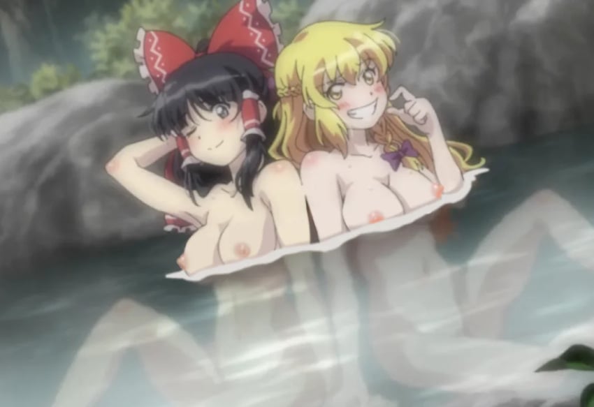 2girls bathing blush breasts edit female_only hot_spring marisa_kirisame nipples nude reimu_hakurei tagme touhou touhou_project