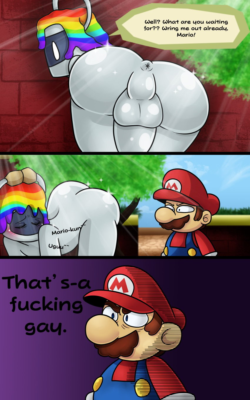 10:16 absurd_res animate_inanimate ass balls blush clothed clothing comic dialogue digital_media_(artwork) duo english_text facial_hair genitals hair hat headgear headwear hi_res huey_(paper_mario) human humanoid humor male male_only mammal mario mario_(series) moustache nintendo not_furry nude paint_can paper_mario text video_games yoshimister