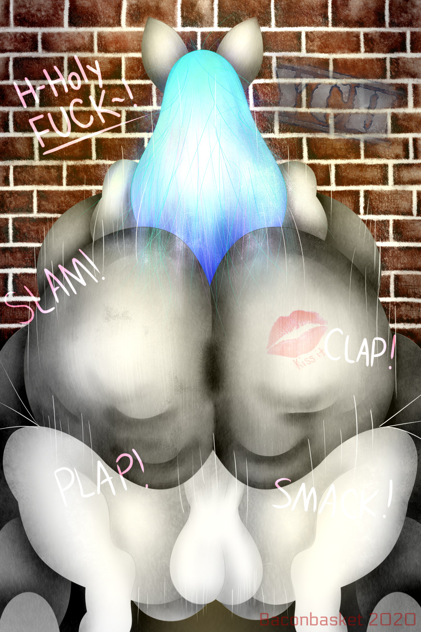 2020 absurd_res anthro ass baconbasket balls big_breasts big_butt breasts brick brick_wall canid canine dialogue digital_painting_(artwork) duo english_text erection female female_penetrated genitals hair hi_res huge_butt male male_penetrating male_penetrating_female mammal monica_(baconbasket) nude penetration penis profanity public public_nudity sex signature straight tattoo tattoo_on_butt text thick_thighs vaginal_penetration