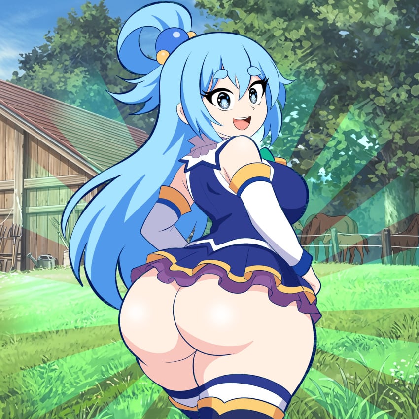 1girls alternate_version_available alxdraws aqua_(konosuba) ass ass_focus backboob big_ass big_breasts blue_eyes blue_hair blue_skirt bottomless breasts bubble_ass bubble_butt dat_ass detached_sleeves exposed_ass female female_only hair huge_ass kono_subarashii_sekai_ni_shukufuku_wo! legs legwear light-skinned_female long_hair looking_back short_skirt skirt smile solo solo_female textless textless_version thick_thighs thighhighs thighs