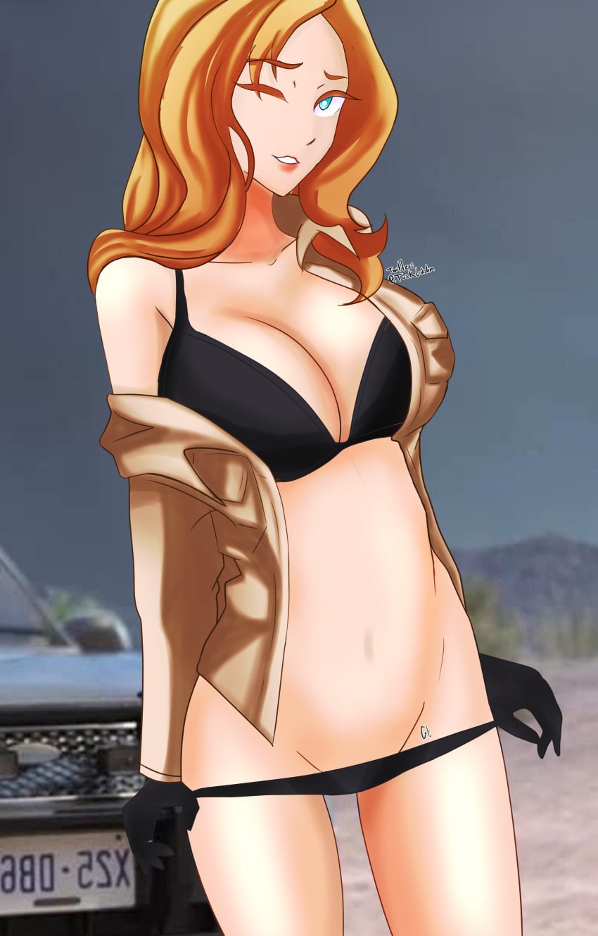1girl artist_name black_bra black_gloves black_panties blonde_hair blue_eyes bra breasts brown_jacket cleavage dick_dastardly gloves groin jacket large_breasts long_hair looking_at_viewer motor_vehicle navel off_shoulder officer_jaffe one_eye_closed open_clothes open_jacket orange_hair outdoors panties panty_pull parted_lips scoob! solo tuskgoblin underwear undressing wacky_races