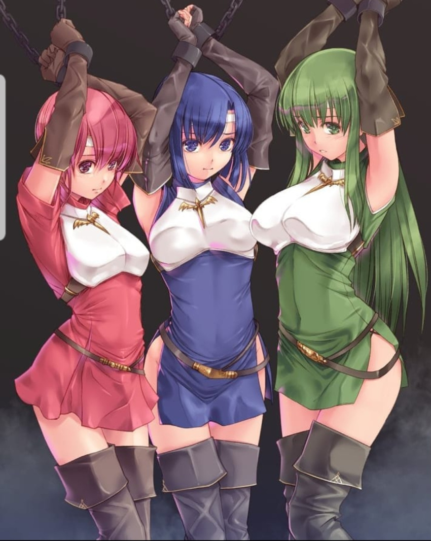 3girls armor arms_above_head arms_up bare_thighs bdsm big_breasts black_background blue_eyes blue_hair bondage boots bound captured catria_(fire_emblem) chain chains cuirass dress elbow_gloves est_(fire_emblem) female femsub fire_emblem fire_emblem:_mystery_of_the_emblem fire_emblem:_shadow_dragon_and_the_blade_of_light gloves green_eyes green_hair handcuffs headband kirishima_satoshi large_breasts long_green_hair long_hair looking_at_viewer md5_mismatch medium_breasts medium_hair miniskirt multiple_girls multiple_subs nintendo no_panties palla_(fire_emblem) red_eyes red_hair schrodinger’s_panties short_blue_hair short_hair short_red_hair siblings simple_background sisters skirt small_breasts thigh_boots thighhighs thighs trio