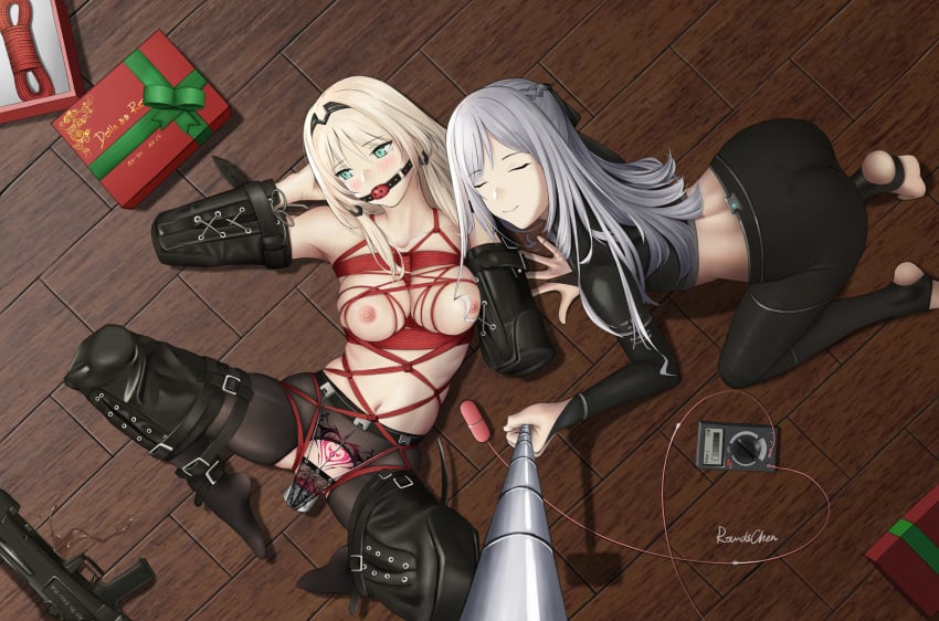 2girls absurdres ak-12_(girls'_frontline) all_fours an-94_(girls'_frontline) aqua_eyes ball_gag bitchsuit black_legwear blonde_hair blush bondage bound bound_arms bound_legs breasts christmas closed_eyes collarbone commentary_request crop_top dildo eyebrows_visible_through_hair female female_only femdom femsub gag gagged girls'_frontline highres lezdom lezsub long_hair looking_at_viewer lying multiple_girls navel nipples object_insertion on_back on_floor panties piddlefours pubic_tattoo red_ball_gag restrained rope rope_bondage roundschen self_shot selfie_stick sex_toy silver_hair stirrup_legwear tattoo tied_up toeless_legwear vaginal_insertion vaginal_object_insertion vaginal_penetration vibrator vibrator_under_panties yuri