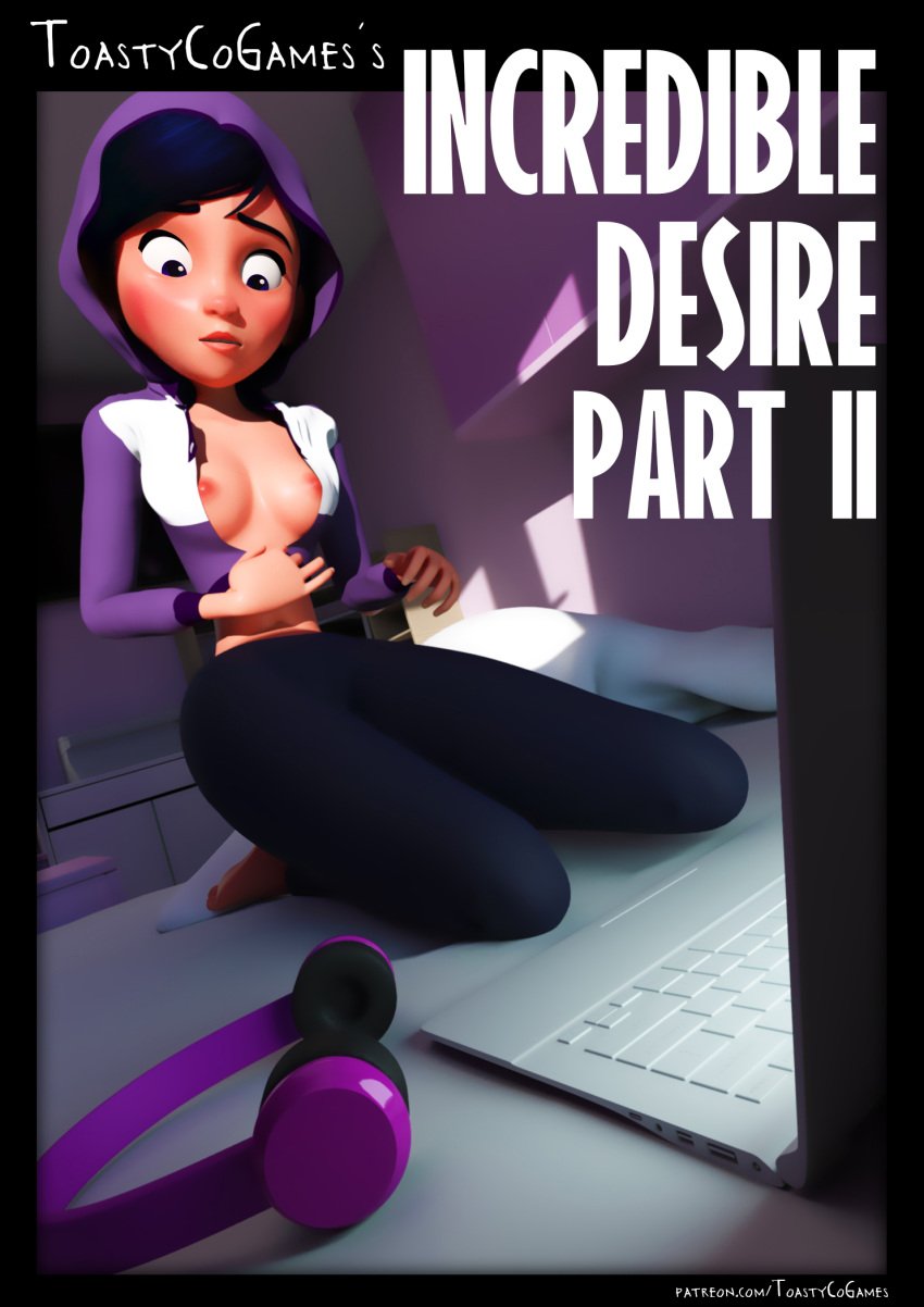 1girls 3d blender breasts clothing comic_cover disney english_text female female_only nipples pixar smooth_skin solo text the_incredibles toastycogames violet_parr