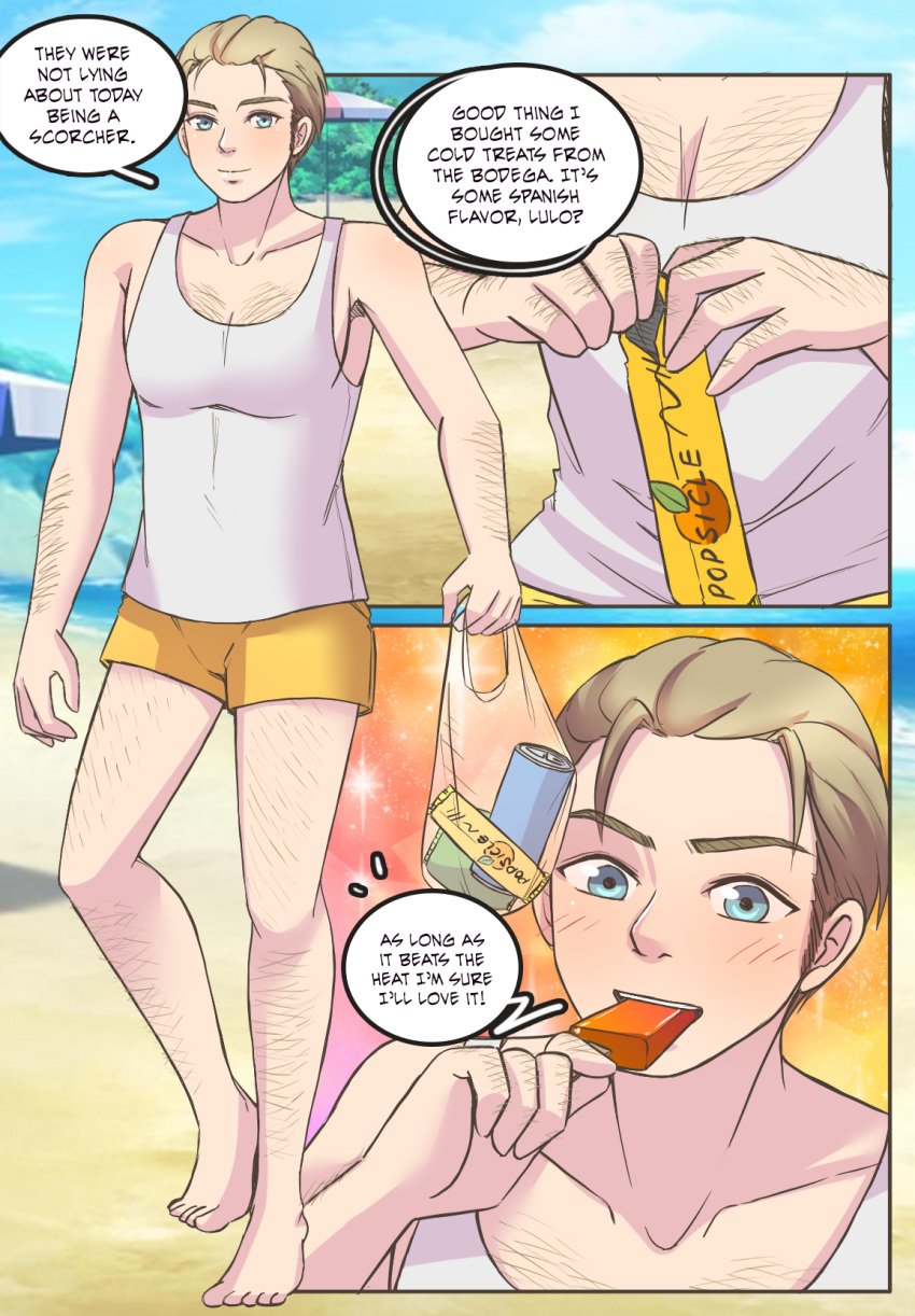 1boy ass_expansion beach breast_expansion comic comic_page eye_color_change gender_transformation hair_color_change hair_growth meowwithme(artist) mtf_transformation original original_character rule_63 skin_color_change solo transformation