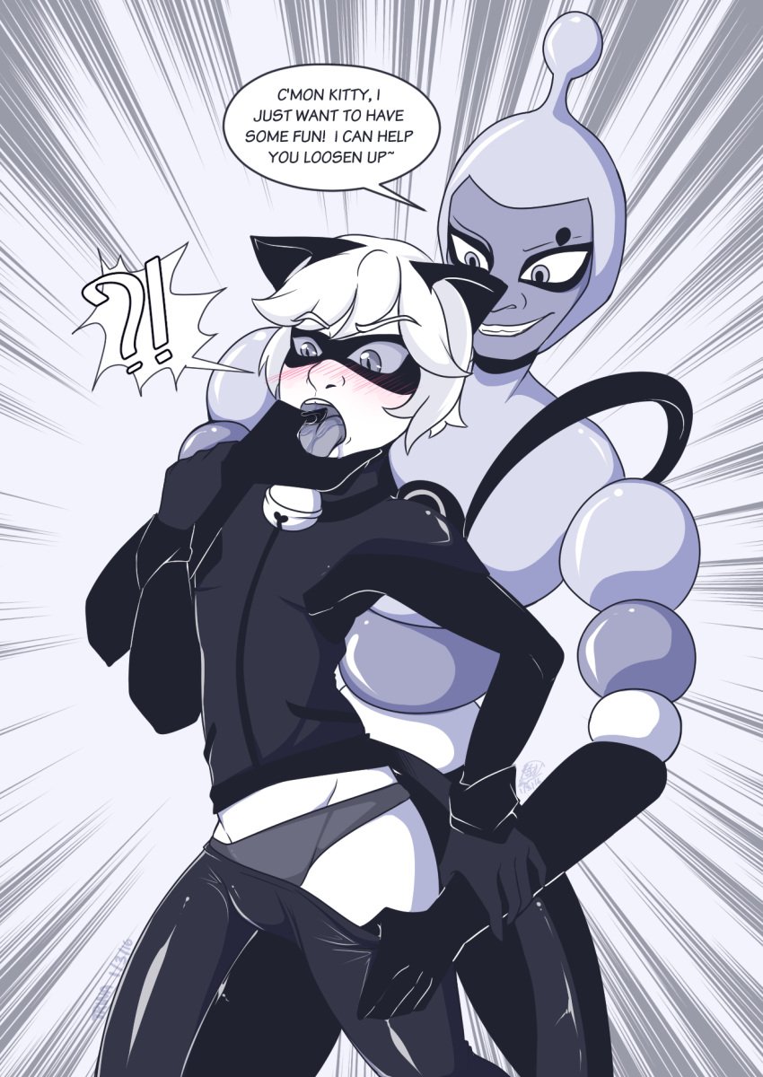 2boys adrien_agreste assisted_undressing bubbler cat_ears cat_noir femboy finger_in_mouth gay male male/male male_only miraculous_ladybug monochrome nino_lahiffe spandex speech_bubble trina underwear yaoi