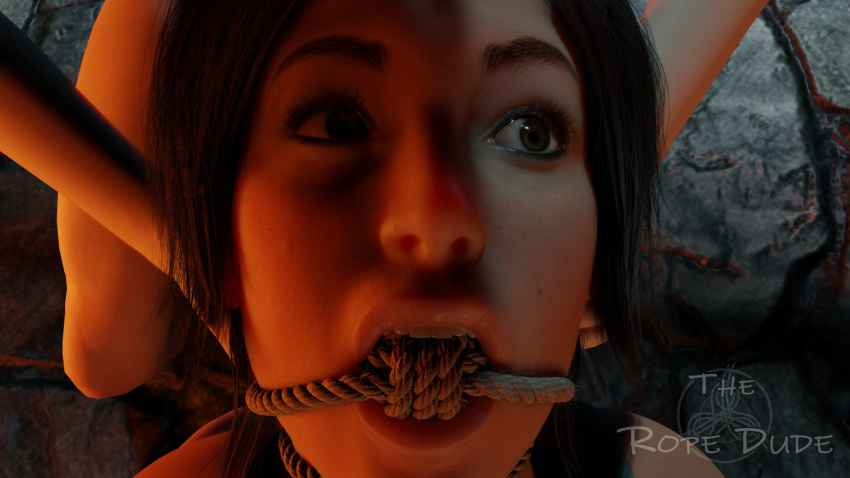 2girls 3d 3d_(artwork) arms_behind_back bondage bound female final_fantasy final_fantasy_vii final_fantasy_vii_remake gag gagged lara_croft lara_croft_(survivor) rope rope_gag theropedude tied tied_up tifa_lockhart tomb_raider