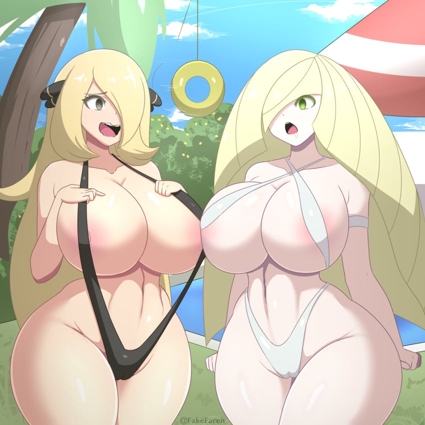 2girls aether_foundation big_breasts bikini blonde blonde_female blonde_hair blonde_hair_over_one_eye bocas_top champion curvy_figure cynthia_(pokemon) fake_face female female_only green_eyes grey_skin huge_breasts huge_thighs human hypnosis large_breasts long_blonde_hair long_hair lusamine_(pokemon) mature_female milf mind_control mother nintendo pendulum pokémon pokemon pokemon_champion pokemon_dppt pokemon_sm sling_bikini standing thick_thighs thighs voluptuous wide_hips