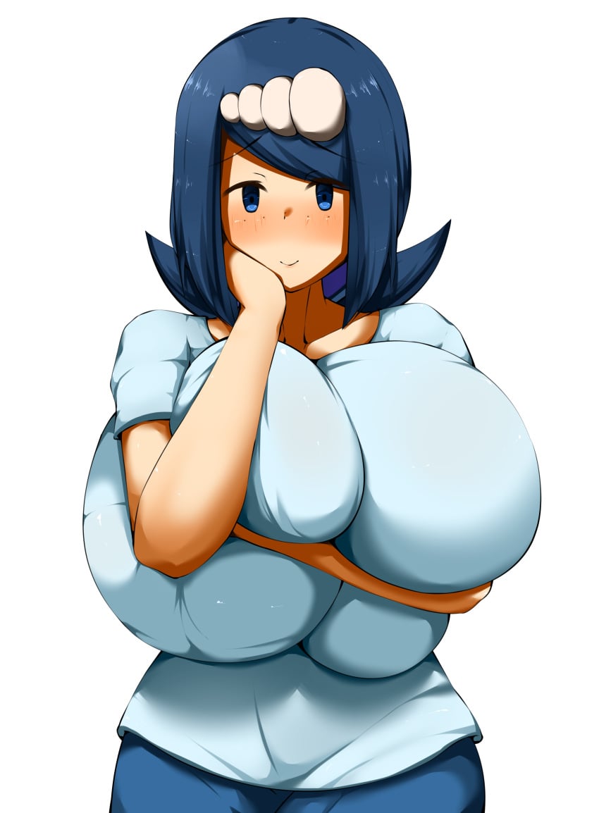 1girls alternate_breast_size blush blushing breast_hold breast_squish breast_suppress breasts breasts_bigger_than_head cider1289 clothed clothed_female eye_contact female huge_breasts hyper hyper_breasts lana's_mother_(pokemon) looking_at_viewer milf mob_face nintendo no_sclera pokemon pokemon_sm smile soft_breasts solo solo_female standing top_heavy upper_body white_background