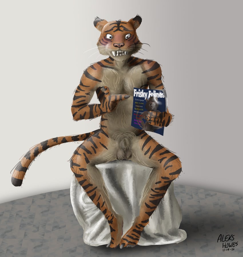 aleks_howes anatomically_correct anatomically_correct_genitalia animal_genitalia anthro balls beastars bill_(beastars) blush chair fabric felid fully_sheathed furniture genitals half_smile hi_res holding_magazine male mammal pantherine sheath simple_background sitting solo text tiger