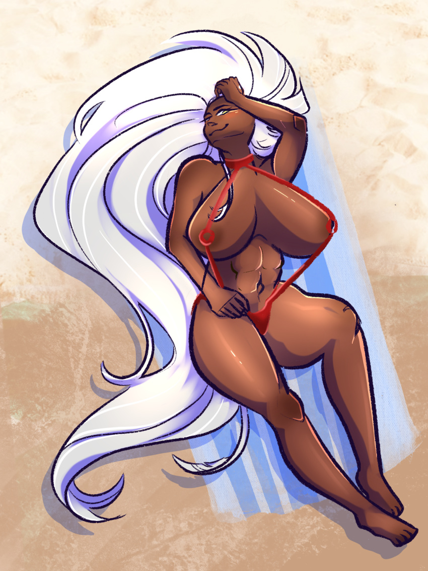 beach benigncharybdis big_hair bikini dark-skinned_female dark_skin human laying_down laying_on_back olexa_vrane original original_character ponytail smiling_at_viewer white_hair