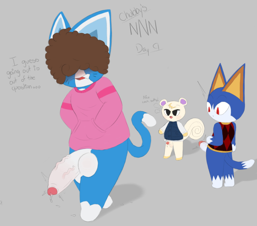 animal_crossing anthro beige_fur blue_fur blush cat_ears chubby chubby_(chunknudies) chunknudies clothes clothing curly_hair dialogue english_text erection feline fluffy_tail furry hair_over_eyes humanoid_penis large_balls large_penis looking_back male male_only marshal_(animal_crossing) nintendo no_nut_november no_pants no_underwear original_character penis pink_sweater pocket pockets precum precum_drip precum_string red_eyes rover_(animal_crossing) small_penis surprised tagme tail teeth text veiny_penis walking white_fur white_penis