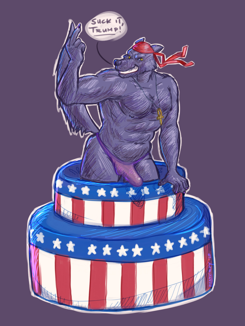 3:4 alexyorim ankh anthro bandana bulge cake canid canine canis dessert english_text food gesture grin hi_res jewelry kerchief lupine_assassin male male_only mammal middle_finger muscular muscular_anthro muscular_male necklace politics purple_thong raised_tail smile solo text thong_underwear wolf