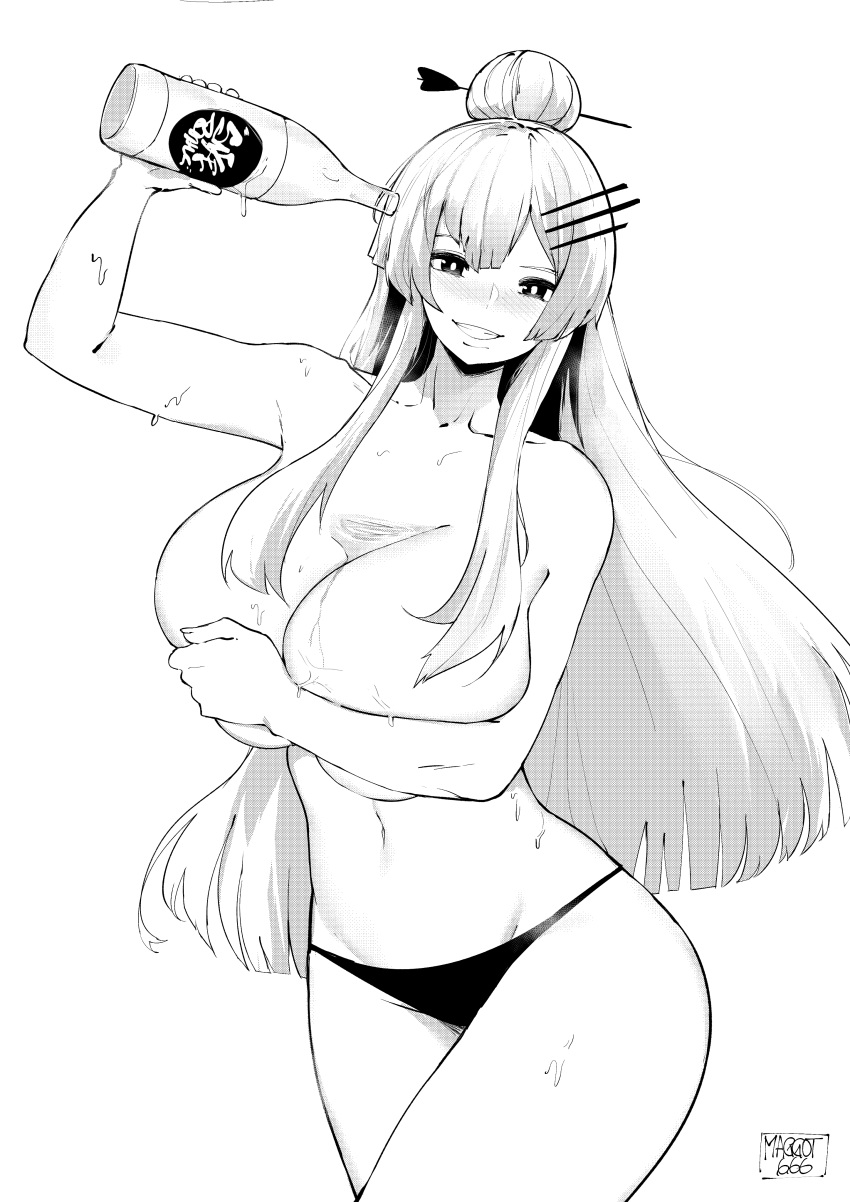 black_panties blush cleavage commission cowboy_shot female frolaytia_capistrano grinning hair_ornament hand_bra heavy_object hips holding_breast huge_breasts long_hair midriff monochrome navel norman_maggot panties panties_only sake sake_bottle sweat thighs topless underboob