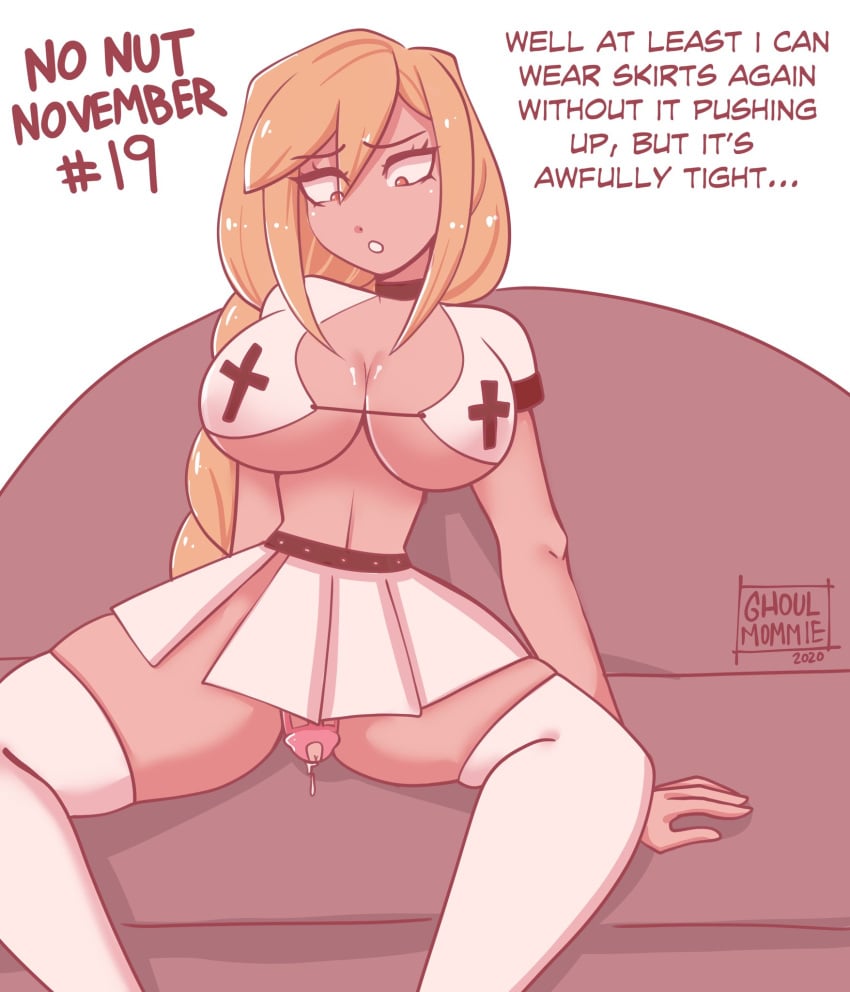 1futa blonde_hair braid breasts chastity chastity_cage cleavage clothed clothing couch dialogue english_text futa_only futanari ghoulmommie human leaking_precum looking_down no_nut_november original partially_clothed penis penis_under_skirt precum precum_drip short_skirt sitting skimpy_clothes soliel_falh solo talking_to_self tan text thick_thighs thinking