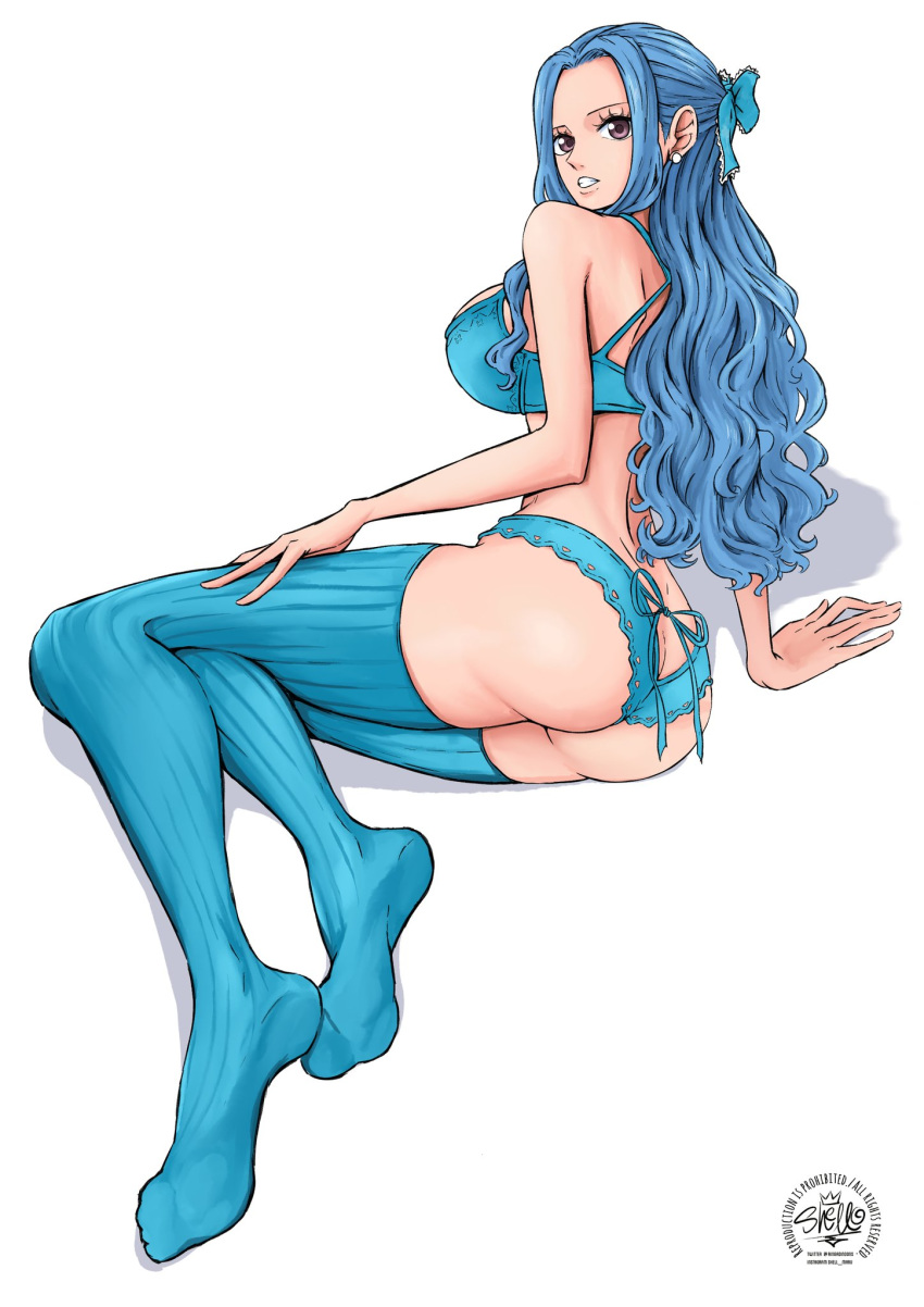 1girls ass ass_cleavage big_breasts blue_hair butt_crack female female_only lingerie looking_at_viewer nefertari_vivi one_piece shellmaru socks solo solo_female