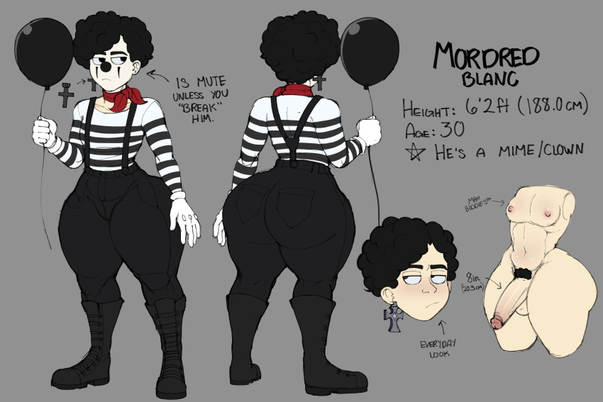 afro balloon big_ass_(male) black_hair black_pubic_hair blackwhiplash bushy_pubes bwl character_sheet clown cross_earrings femboy huge_ass huge_cock male_only mime mordred_blanc original pubic_hair retracted_foreskin thick_thighs