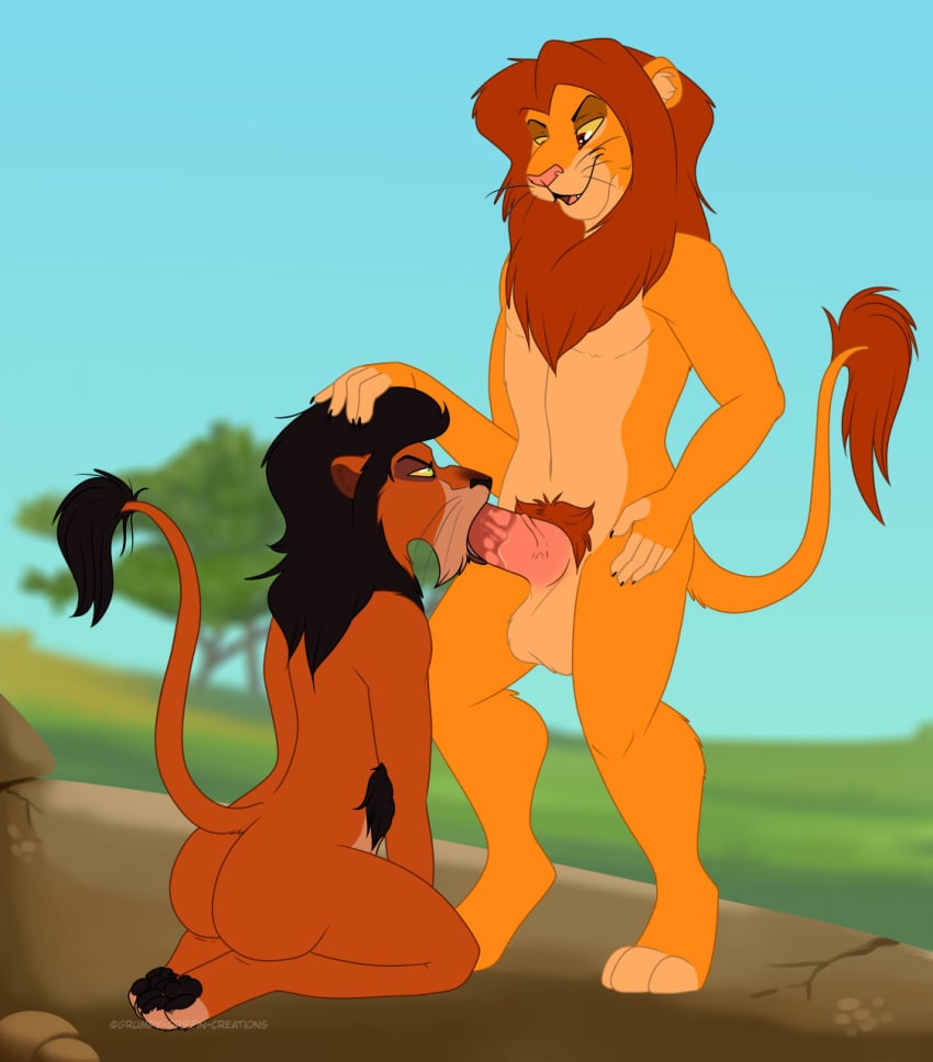 2020 anthro balls bodily_fluids digital_media_(artwork) disney domination duo erection felid fellatio fur gay genital_fluids genitals grumpy_griffin_creations hair hand_on_head hi_res incest lion male male/male male_domination male_only mammal nephew nude open_mouth oral oral_penetration pantherine penetration penile penis precum scar_(the_lion_king) sex simba simple_background smile standing submissive submissive_male the_lion_king toes uncle uncle_and_nephew yaoi