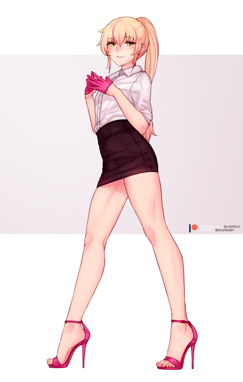 1boy androgynous balls_under_dress blonde_hair bluefield bulge crossdressing feet femboy girly gloves heels high_heels long_legs male male_only multicolored_hair pink_high_heels ponytail skirt trap