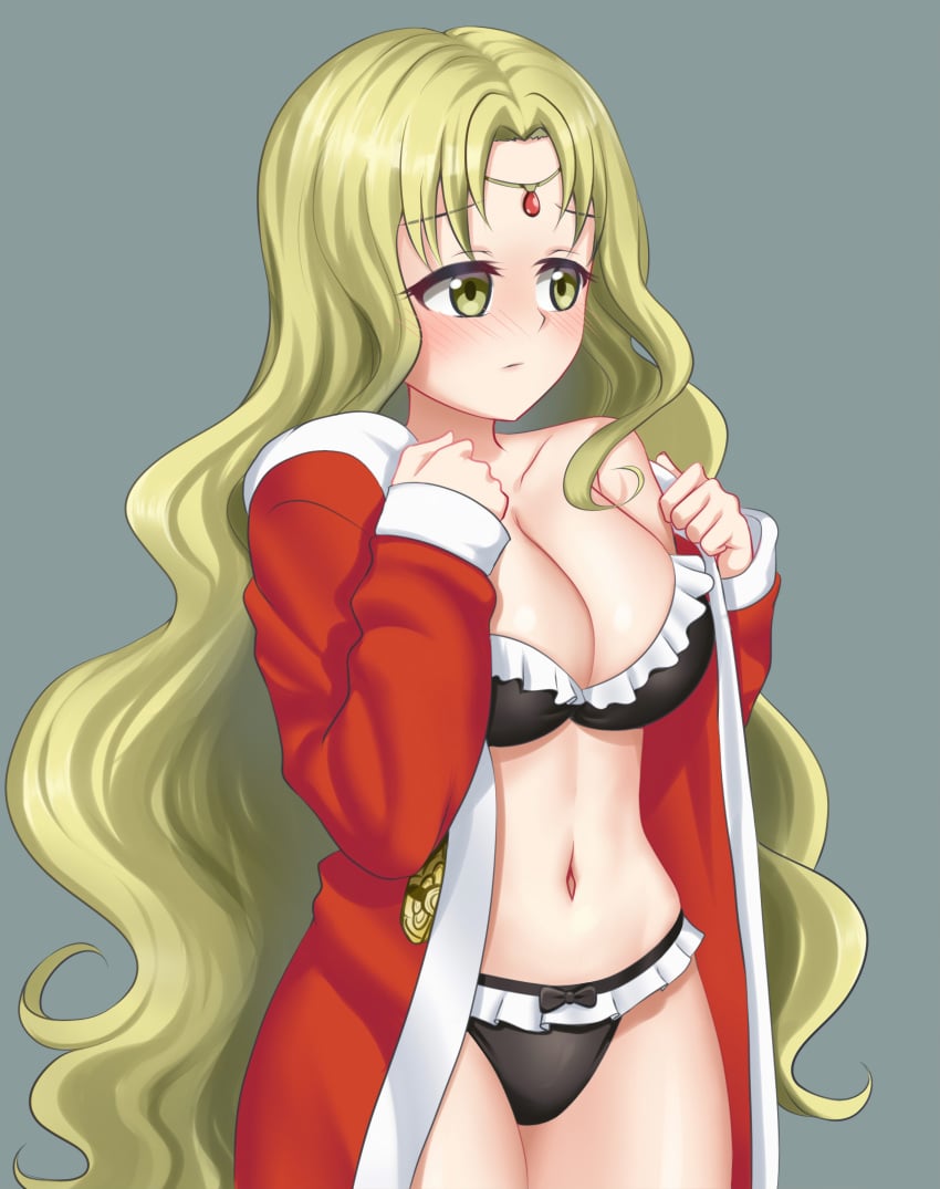 1girls big_breasts blonde_hair cleavage clothed embarrassed female female_only fire_emblem fire_emblem:_the_binding_blade guinivere_(fire_emblem) light-skinned_female light_skin lingerie looking_away maozi_dan nintendo open_clothes robe solo underwear yellow_eyes