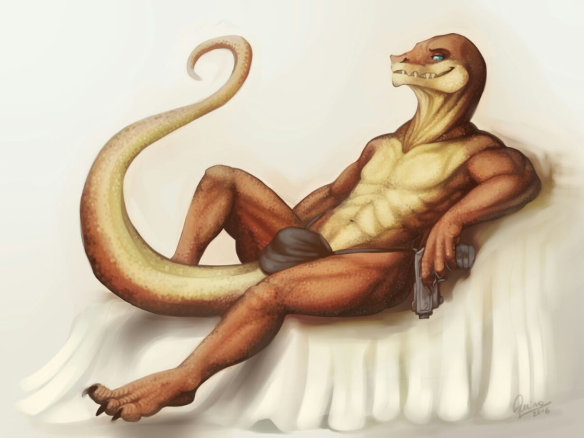 4:3 anthro bulge clothing crius fangs grimace grin gun male male_only quirachen ranged_weapon reptile scalie serpntine smile snake solo thong underwear weapon