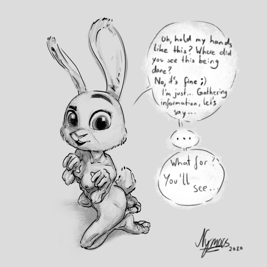 bunny_ears dialogue disney feet judy_hopps lagomorph monochrome nipples no_humans nymous rabbit rough_sketch small_breasts speech_bubble tagme teasing text zootopia