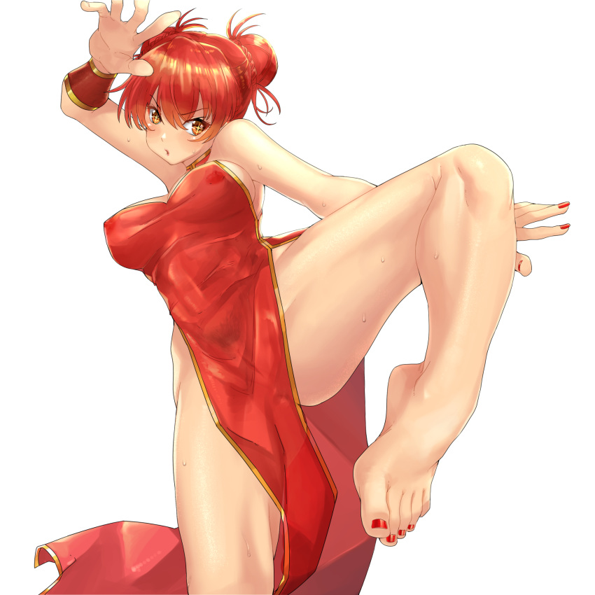 +_+ angry barefoot blush bracer china_dress chinese_clothes double_bun dress eiji_(eiji) feet female fighting_stance highres leg_up martial_arts nail_polish nipples no_panties original pubic_hair red_dress red_hair red_nails see-through sweat toenail_polish