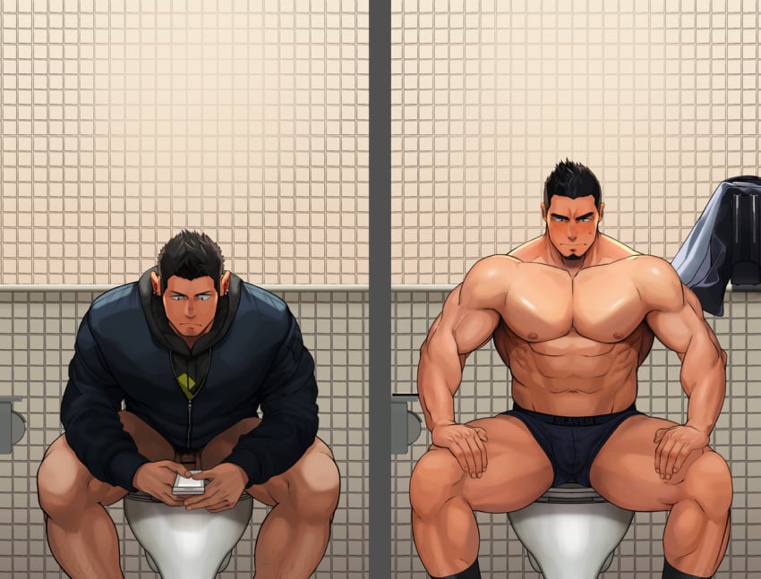 2boys abs athletic_male bar_censor bara beefy biceps black_hair bodybuilder bottomless calves chin_pubes daddy dilf facial_hair gay goatee human icebanon jock male male/male male_only manly masculine muscles muscular_male pecs penis smooth_skinned_male thick_legs thick_thighs toilet toilet_stall topless uncle underwear