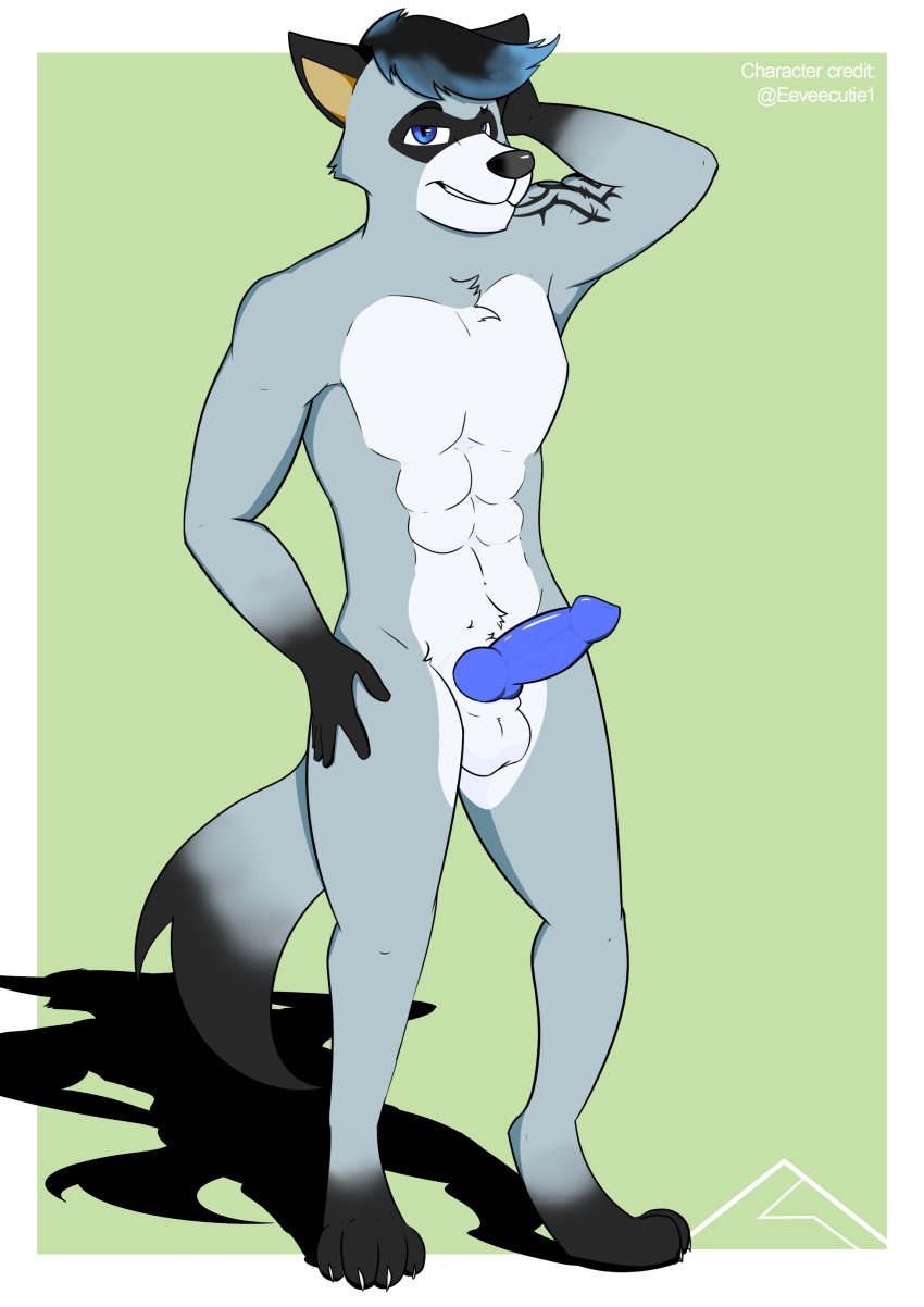 absurd_res anthro balls black_ears blue_eyes blue_penis carrus chest_tuft crotch_tuft fur furry_only genitals glistening glistening_genitalia glistening_penis grey_body grey_fur head_tuft hi_res highlights_(coloring) looking_at_viewer male male_only mammal original original_character penis procyonid raccoon simple_background smile solo solo_focus tattoo tuft unnamed_character vein veiny_penis white_body white_fur