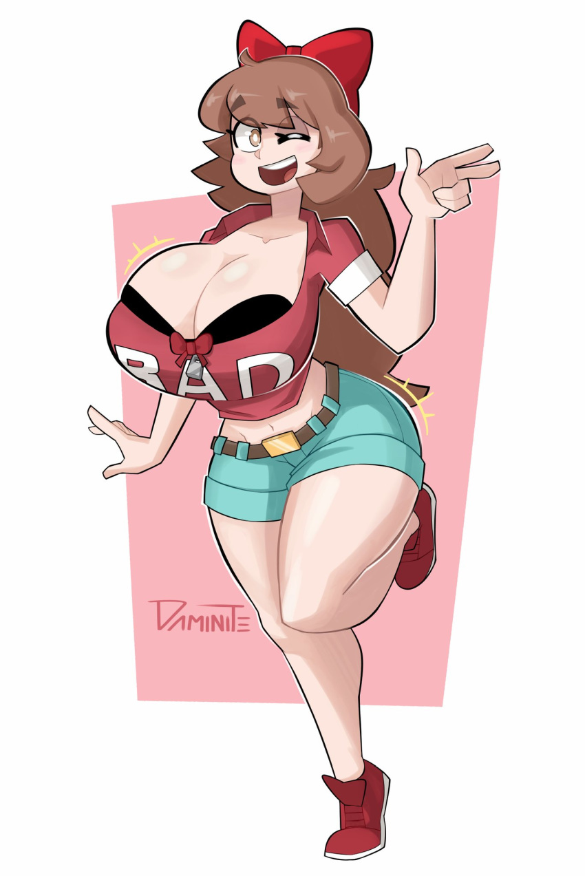 artist_logo artist_name artist_on_twitter belt belt_buckle big_breasts black_bra breasts brown_hair cartoony cleavage daminite_(artist) eyelashes female female_focus female_only hair_ribbon hairbow happy hourglass_figure huge_breasts long_eyelashes long_hair midriff open_mouth original_character posing red_shoes shorts simple_background slender_waist slim_waist smile smiling solo solo_focus stacked_lady thick_thighs tight_clothing tight_fit watermark wide_hips