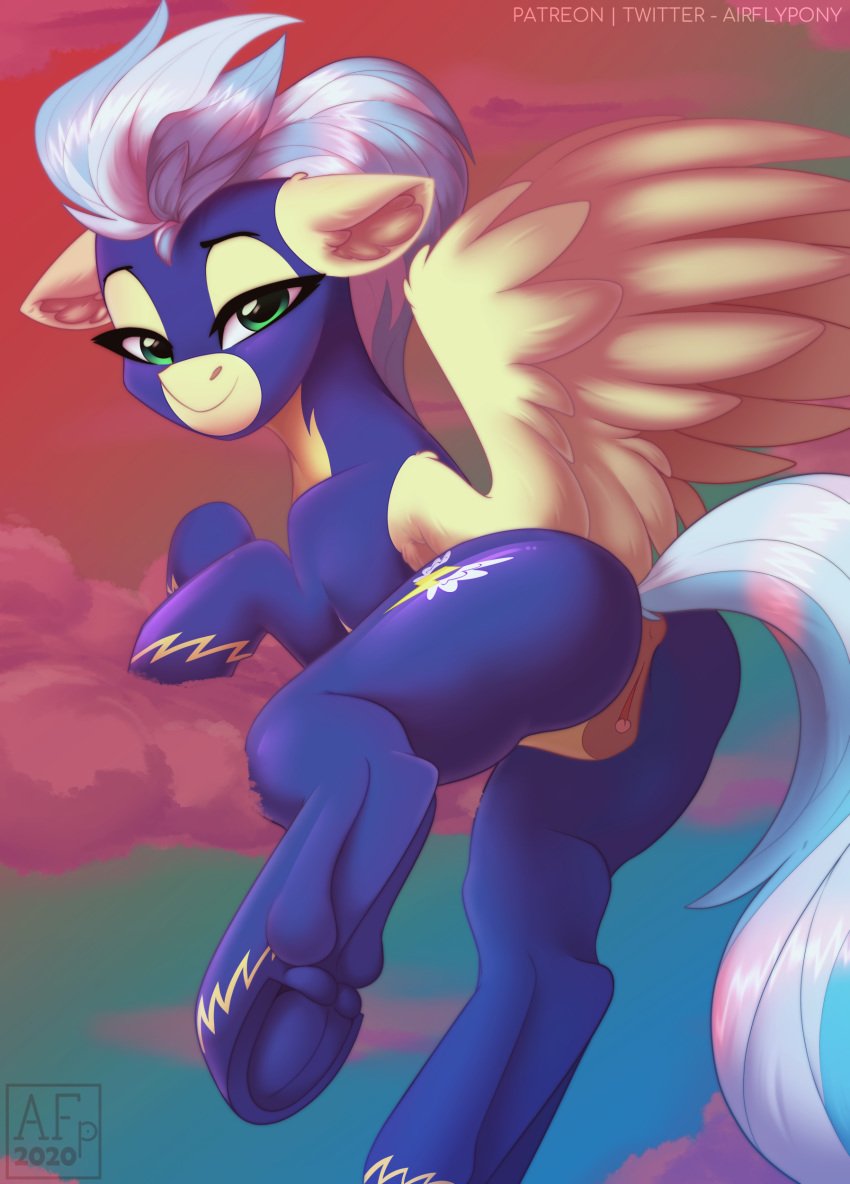 2020 absurd_res airfly-pony animal_genitalia animal_pussy anus ass bedroom_eyes blue_mane blue_tail clitoral_winking clitoris clothing cloud crotchless_clothing digital_media_(artwork) ears_back english_text equid equine equine_pussy feathered_wings feathers female feral friendship_is_magic fur genitals green_eyes hasbro hi_res inner_ear_fluff looking_at_viewer looking_back mammal mane midair misty_fly_(mlp) my_little_pony narrowed_eyes on_cloud pegasus pivoted_ears pussy seductive signature skinsuit sky smile solo sunset tan_body tan_feathers tan_fur tan_wings text tight_clothing tuft underhoof wings wonderbolts_(mlp) wonderbolts_uniform