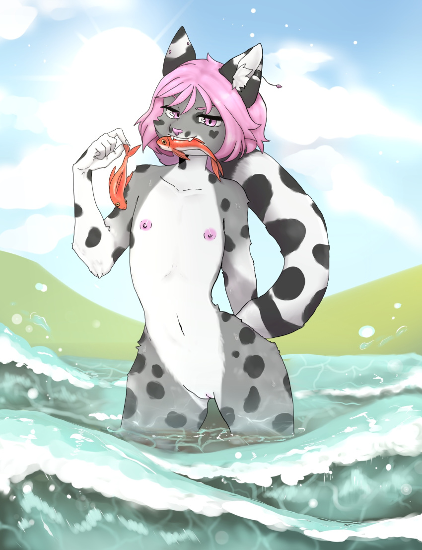 anthro breasts domestic_cat felid feline felis female fishing fynncat genitals hi_res lake looking_at_viewer mammal mixed_breed nipples pussy savannah_cat sea small_breasts solo unknown_artist water