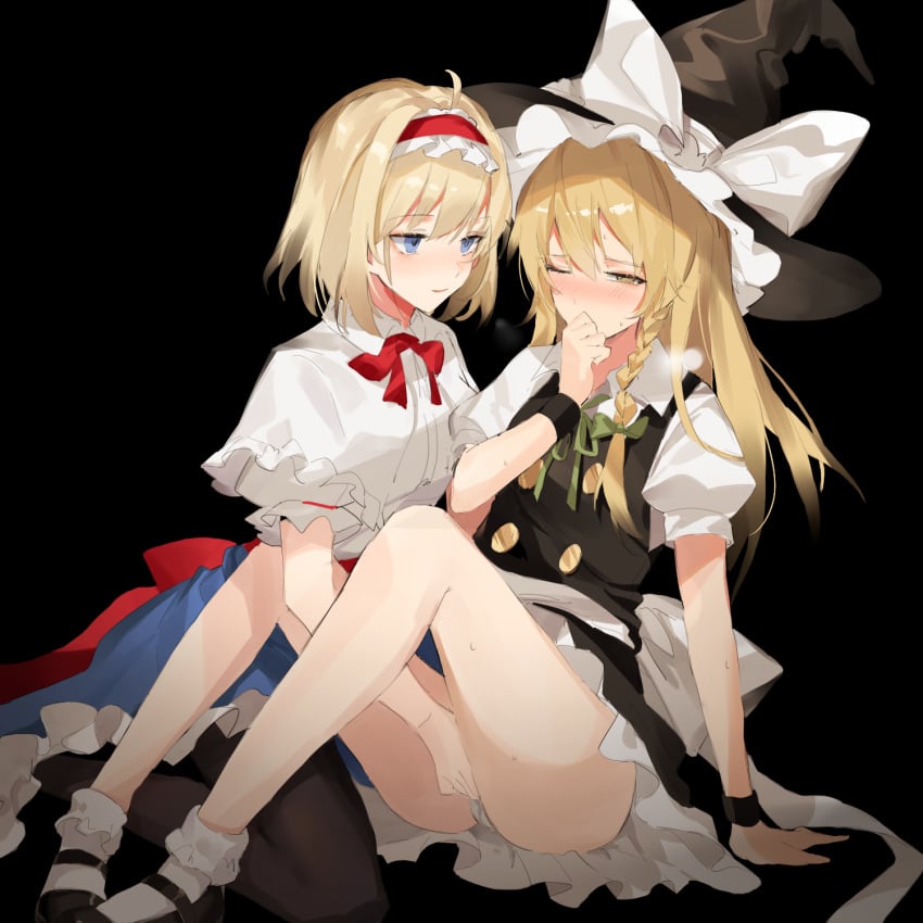 2girls alice_margatroid black_background black_headwear black_legwear blonde_hair blue_eyes bow braid clothing collared_shirt commentary dress female female_only fingering fingering_through_clothes fingering_through_panties green_bow hairband hairbow hat highres lolita_hairband long_hair looking_at_another marisa_kirisame meng_ziya multiple_girls one_eye_closed panties pantyhose puffy_short_sleeves puffy_sleeves pussy_juice shirt short_hair short_sleeves single_braid sitting smile through_clothes touhou wet_panties white_panties witch_hat yellow_eyes yuri