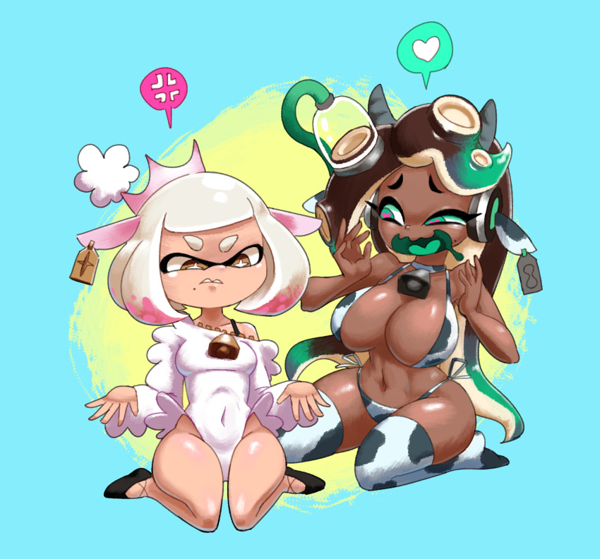 2girls angry breasts chocolate_and_vanilla cleavage cow_ears cow_horns cow_print cow_thong cowbell heart-shaped_pupils huge_breasts inkling larger_female marina_(splatoon) milking_machine minus8 nintendo octoling pearl_(splatoon) smaller_female splatoon splatoon_2 tag tagme tentacle video_games voluptuous wide_hips