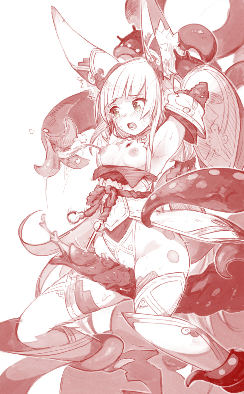 1girls animal_ear_fluff animal_ears areolae armpits arms_up bangs bare_shoulders blunt_bangs blush bondage breasts cat_ears detached_sleeves facial_mark fangs female female_only green_eyes high_heels highres humanoid imminent_vaginal kemonomimi long_hair monochrome nia nia_(blade) nintendo nipples nurami_shoji open_mouth penis restrained simple_background small_breasts solo spoilers spot_color tears tentacle thighhighs very_long_hair white_background xenoblade_(series) xenoblade_chronicles_2