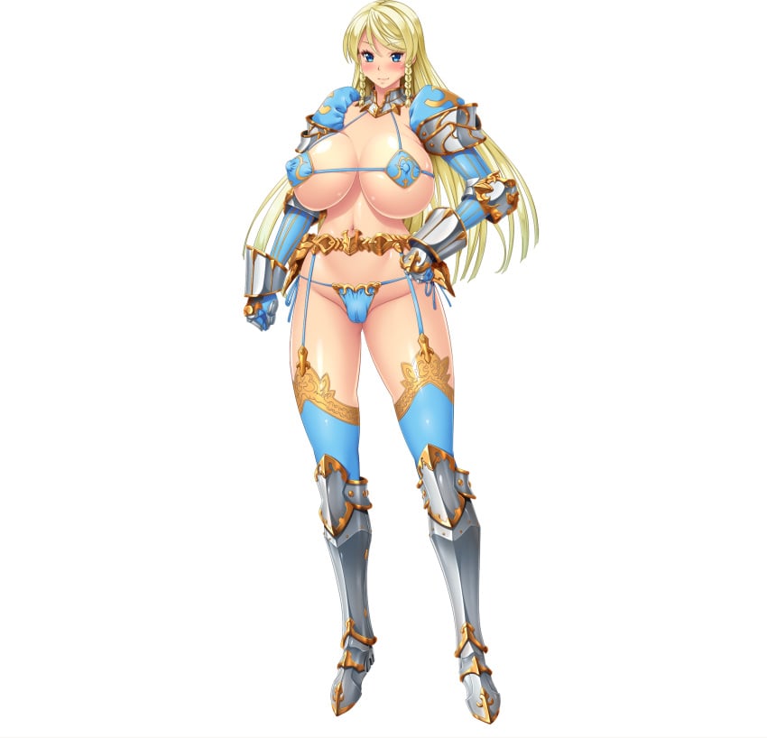 1girls armor bikini_armor blonde_hair blue_eyes blue_stockings braided_hair breasts clothing farasha_awar_crusch female game_cg garter_belt greaves huge_breasts kyonyuu_princess_saimin lingerie lingerie_armor lune pussy_outline royalty shiny_skin smile standing stockings thong tiara transparent_background