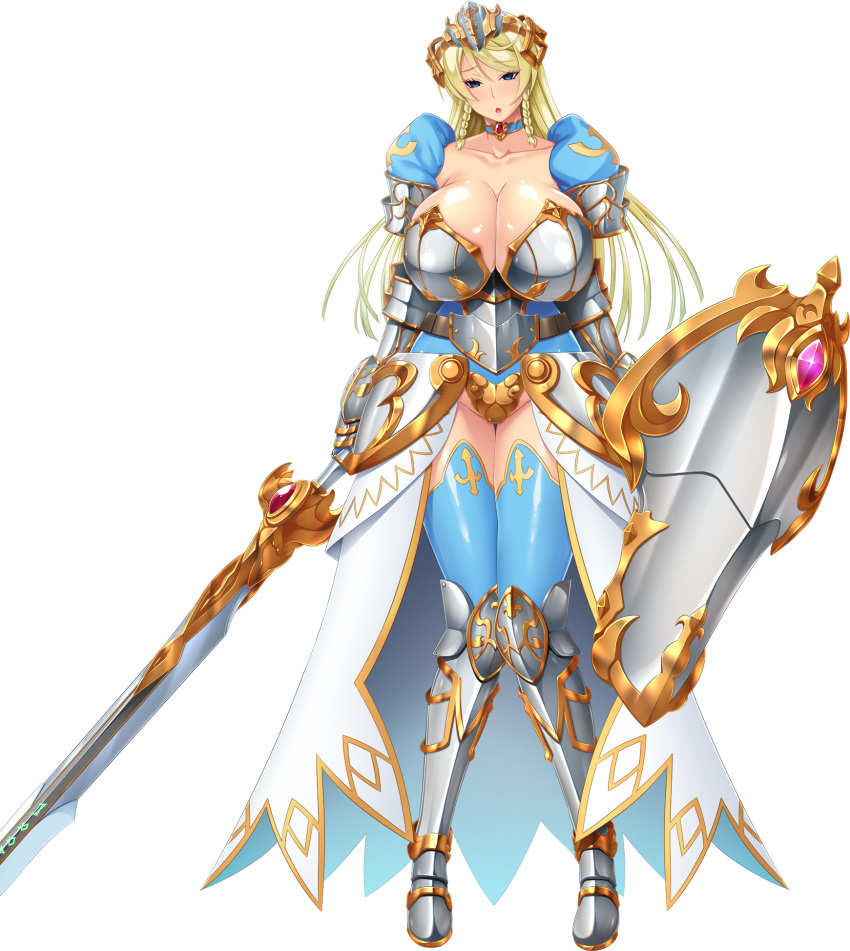 1girls armor blonde_hair blue_eyes clothing farasha_awar_crusch female game_cg huge_breasts kyonyuu_princess_saimin lune royalty shiny_skin tiara transparent_background