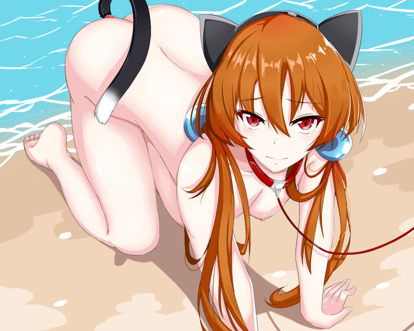 akh@98 alisa_southerncross all_fours ass beach breasts breasts buttplug_tail cat_ears cat_tail collar hair_between_eyes hair_ornament keroro_gunsou leash long_hair looking_at_viewer naked nipples orange_hair pet pet_play petplay red_eyes slave tail tail_plug