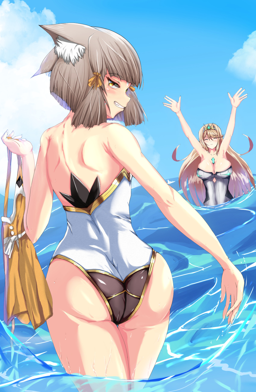 2girls ass catgirl demohan555 looking_at_viewer looking_back mythra nia nia_(xenoblade) nintendo ocean one-piece_swimsuit pussy smile swimsuit water xenoblade_(series) xenoblade_chronicles_2