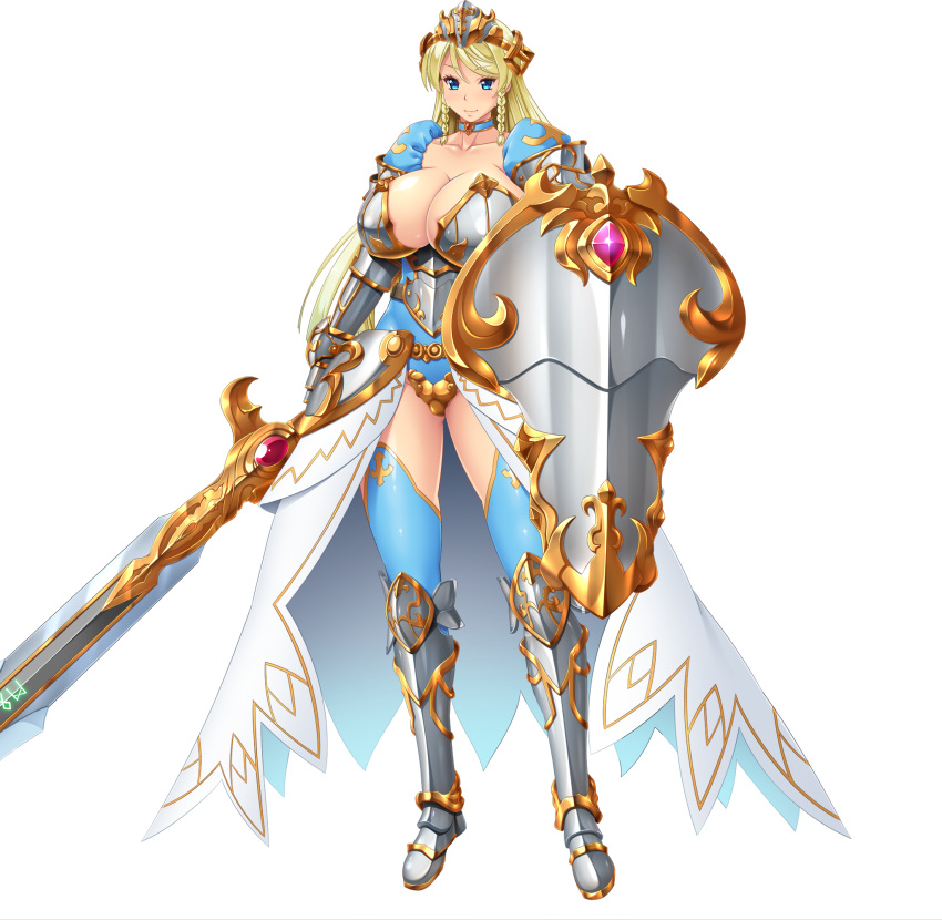 1girls armor blonde_hair blue_eyes clothing farasha_awar_crusch female game_cg huge_breasts kyonyuu_princess_saimin lune royalty smile tiara transparent_background