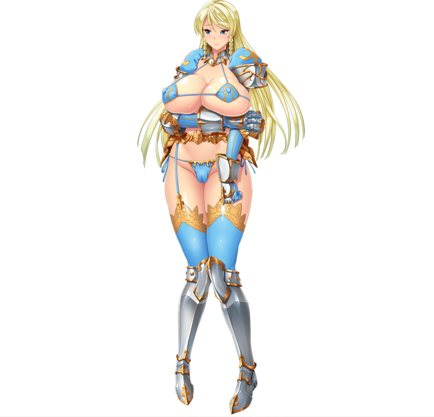 1girls armor blonde_hair blue_eyes clothing embarrassed farasha_awar_crusch female game_cg huge_breasts kyonyuu_princess_saimin lune royalty shiny_skin transparent_background