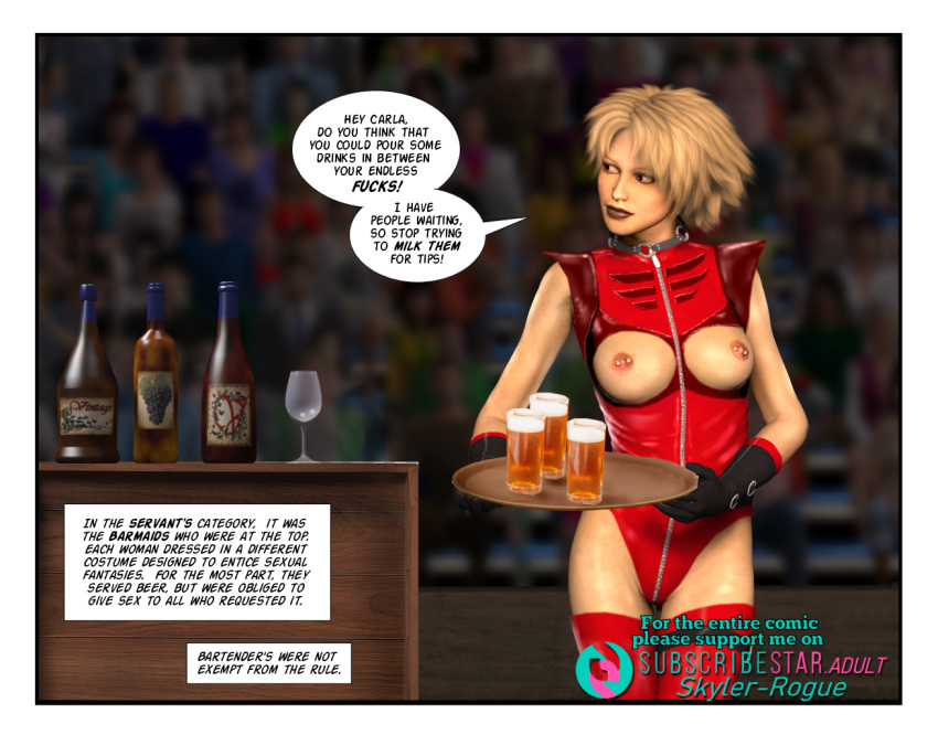 3d 3d_(artwork) artist_upload barmaid blonde_hair comic comic_page comics english_text exposed_breasts female fetish hostess leather nipples public_nudity self_upload server skyler-rogue subscribestar_username